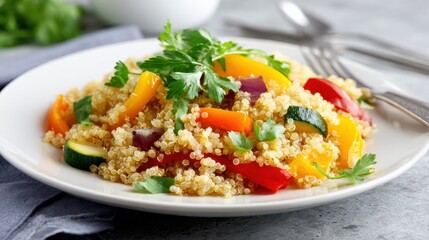 Quinoa served with mixed vegetables and fresh herbs on white plate, clean background, healthy meal