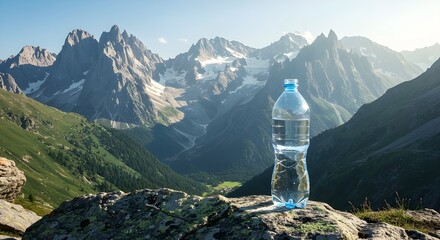 Plastic bottle of drinking water placed on rock with scenic mountain landscape and snow peaks in background