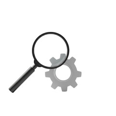 Magnifying glass inspecting a gear isolated PNG with Transparent Background
