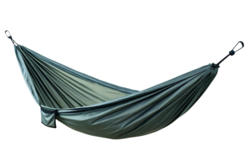 Green nylon travel hammock with carabiners for outdoor camping isolated with transparent background