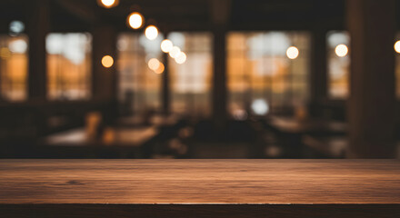 Warm-toned Wooden Tabletop Mockup: Blurred Cozy Cafe Background, Evening Ambiance