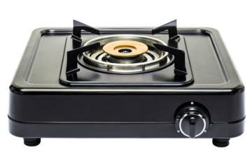 Black portable single-burner gas stove for camping and picnics isolated with transparent background