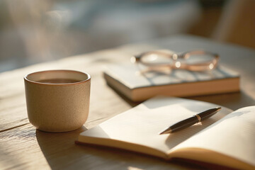 Warm Cafe Morning Study Desk with Steam Rising Coffee and Pomodoro Timer Ambience
