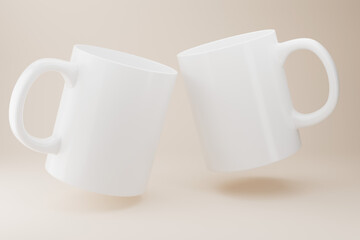 Two white blank ceramic mugs mockup. Flying 11oz coffee mugs template. 3d rendering