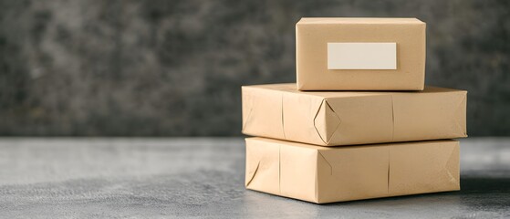A stack of three brown cardboard boxes on a gray surface, featuring a blank label for customization or shipping details.