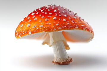 Vibrant orange mushroom with white spots captured on a neutral background