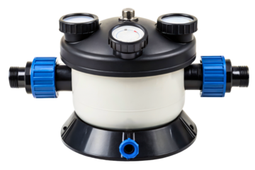 Pool sand filter multiport valve with pressure gauges on top isolated with transparent background