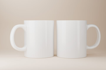 Two white blank ceramic mugs mockup. 11oz Coffee mug template. 3d rendering