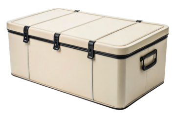 Large beige rooftop cargo box carrier for car travel and storage isolated with transparent background