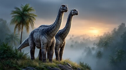 Apatosaurus and Diplodocus wander through a misty cartoon jungle at sunrise, joined by a sleepy Iguanodon resting on a soft mossy hill nearby.