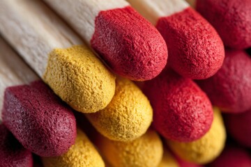 Colorful matches stacked together displaying vibrant red and yellow tips in an artistic arrangement