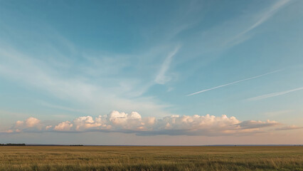 Vast open field under a serene blue sky with fluffy white clouds at sunset providing peace and tranquility nature photography