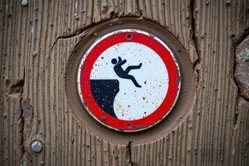 Cliff Edge Hazard: A weathered sign depicting a person falling from a cliff edge, mounted on a worn wooden surface, serving as a stark warning.