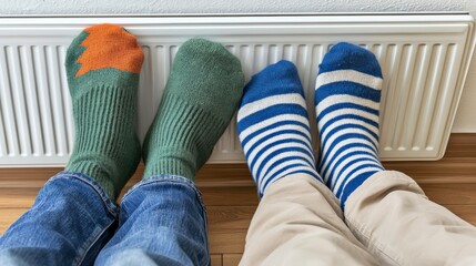 Couple wearing socks warming feet on radiator indoors