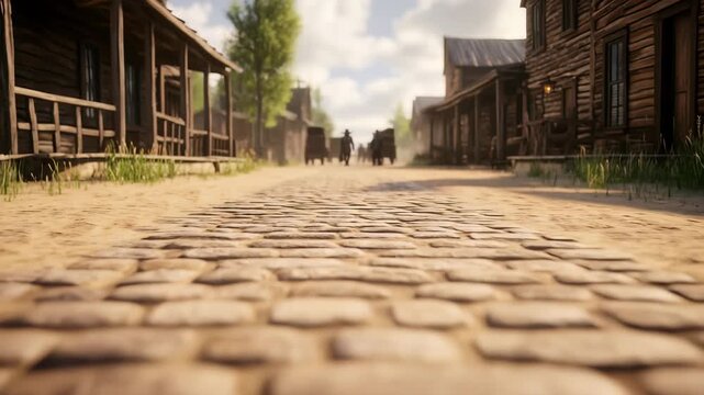 Dusty cobblestone street in an Old West town. The American frontier, rugged adventure. Gold rush era, cinematic history. Ideal for documentaries, western films, game backgrounds.