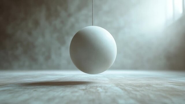 A single sphere suspended in a minimalist room. Balance, potential, precision. Physics, gravity, focus. Ideal for corporate branding, science explainers, and tech title cards.