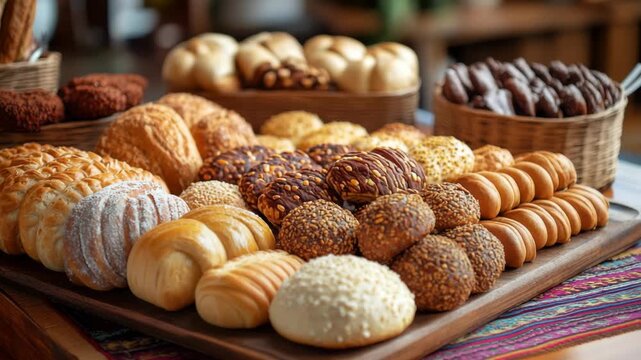 Artisanal bread and pastry display on a rustic table. Freshly baked, warmth, abundance. Breakfast buffet, culinary craft. Ideal for bakeries, food blogs, hospitality ads.