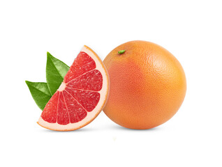 Pink grapefruit whole, half and slice isolated. Grapefruit slices with zest isolate. Grapefruit and green leaf isolated. With clipping path. Full depth of field. Not AI.