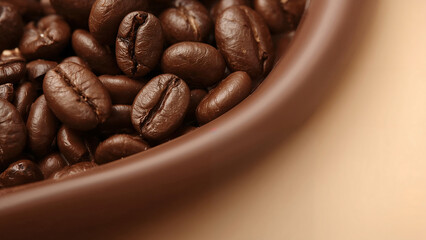 Aromatic roasted coffee beans in a brown ceramic bowl perfect for morning energy and cafe ambiance macro shot