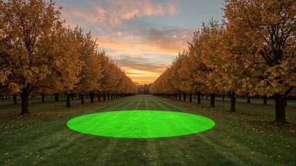 Avenue of golden trees leads to a breathtaking sunset with a vibrant green circle in the foreground representing growth and nature