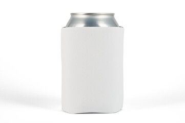 Front view of white neoprene canholder isolated. Can cooler sleeve on isolated background. Neoprene can cooler mockup.
