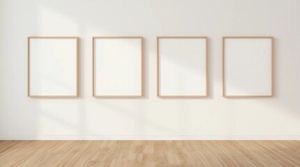 Blank vertical poster frame mock up standing on beige floor. Four wooden frames isolated in Scandinavian interior. 3d render