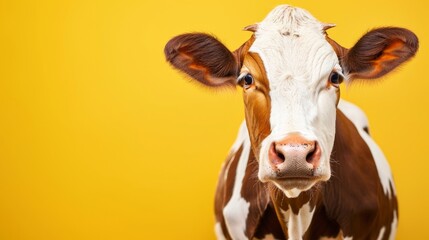 Cute cow with white patches standing on vibrant yellow background, minimal composition, clean lighting, stock photo style