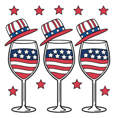 Obraz premium Three wineglasses boast American flag colors and themed hats, adorned with star elements, against transparent background