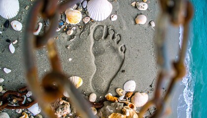 Giant footprint embedded in wet beach sand, bordered by broken chains and seashells, hinting at a powerful presence recently departed 