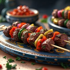 grilled meat with vegetables food pork beef barbecue lunch gourmet cuisine delicious dish grill fresh healthy kebab restaurant white background close-up