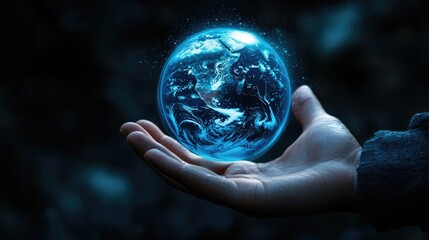 close up on the hand ot a man, above the hand there is an holograme of planet earth floating