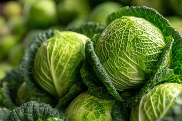 Fototapeta premium Fresh green cabbages stacked at a local market display during daylight hours in a vibrant produce section