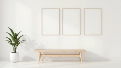 A modern bright interior with a white wall and six blank frames in a 3x2 layout, light wooden bench