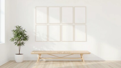 A modern bright interior with a white wall and six blank frames in a 3x2 layout, light wooden bench