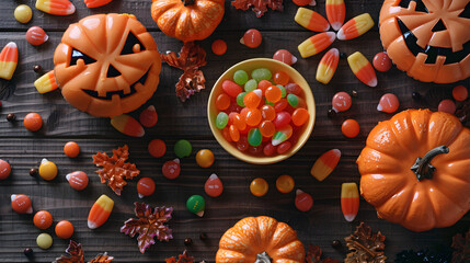 Flatlay of Halloween Candy Spread on Wooden Table, in high resolution clean minimal style stock photo illustration background image ideal for templates advertisements and web banners showcasing modern