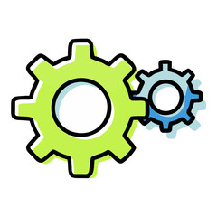 Two gears, one in light green and the other in light blue, isolated on white background for easy use