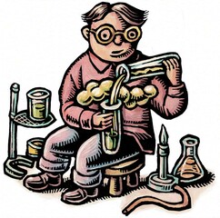 white boy in glasses plays with laboratory equipment (bunsen burner and test tubes)