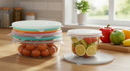 Colorful Lidded Food Containers with Fresh Produce on Wooden Countertop
