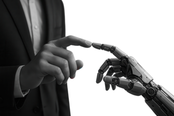 Businessman hand touching robotic hand on white background