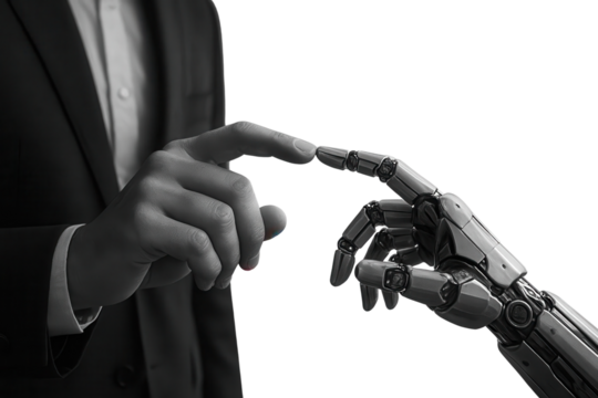 Conceptual Black and White Photo of Human Hand Connecting with Robotic AI Hand isolated on Transparent Background - Powered by Adobe