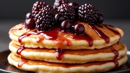 Delicious pancakes stacked high, topped with fresh blackberries and drizzled with berry sauce, creating a tempting breakfast treat.