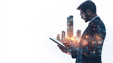 Gradient white background with double exposure of businessman interacting with tablet, blended with virtual smart cityscape, dynamic data flow visuals,