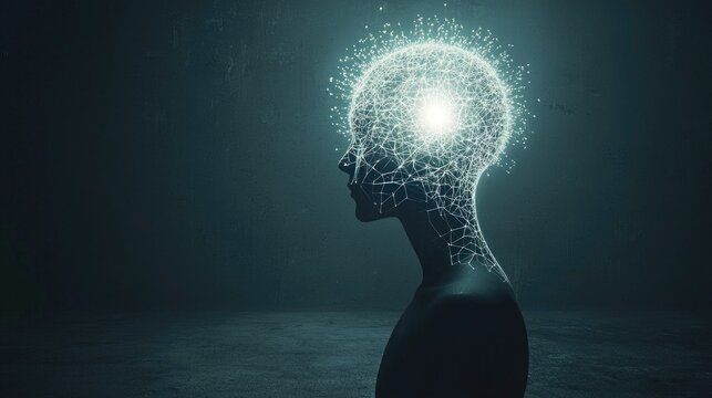 futuristic feed your head, a funil with a light lamp and information entering the mind, empty background 0