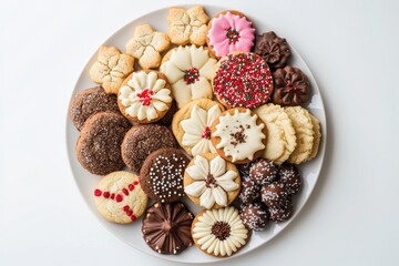 Assortment of delicious cookies on a white plate isolated on white background