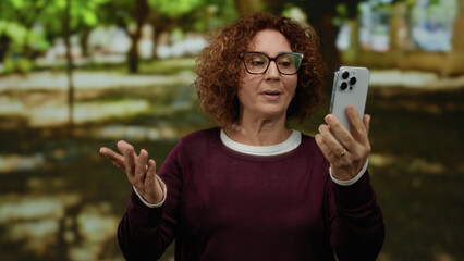 Woman in park video calling on smartphone surrounded by nature enjoying outdoor conversation in a sunny setting.