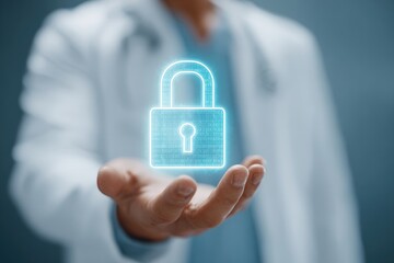 Healthcare security measures protecting patient data with digital lock technology in medical environments professional viewpoint on cybersecurity concepts