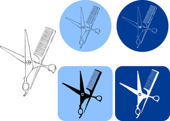 Scissors and hairbrush Salon logotype.. Vector graphic line ink illustration. graphic icon. Sign crossed scissors and hairbrush isolated on white background. Barbershop symbols.