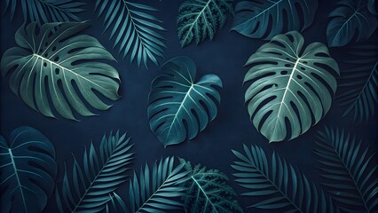 Dark tropical jungle leaves with monstera and ferns
