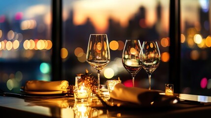 A restaurant table set for a romantic dinner, with city lights out of focus
