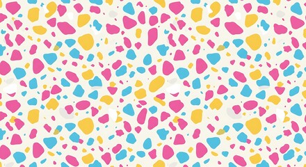 A vibrant and playful repeating pattern of scattered, pebble-like terrazzo shapes